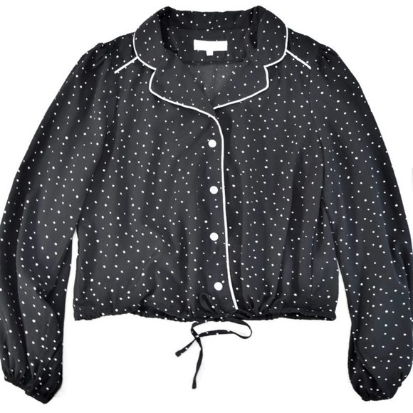 Fanco Lightweight Polka Dot Button Up Drawstring Jacket Blouse Western Black L - Picture 1 of 13